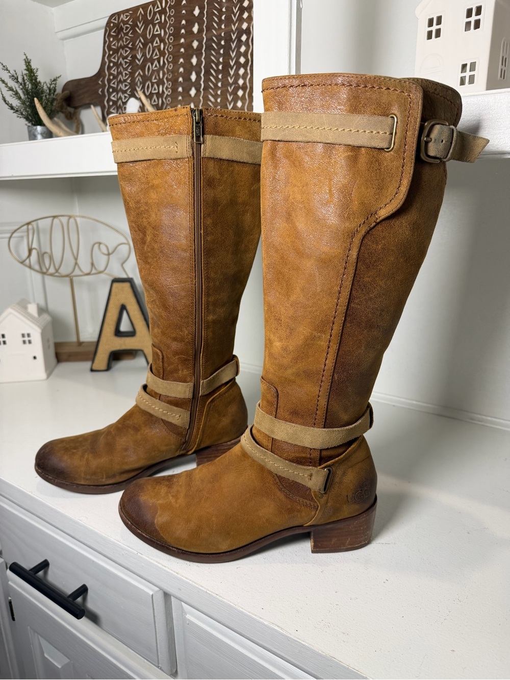 UGG Womens 9 Brown Leather Tall Riding Boots Buckle Side Zip Equestrian Moto
